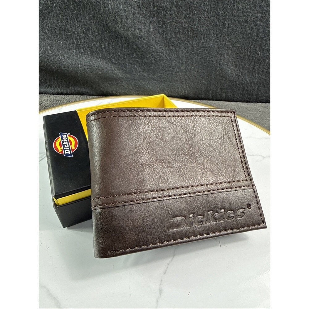 Dickies Men’s Brown Leather Bifold Wallet Textured Stitching Logo Slim Gift Box